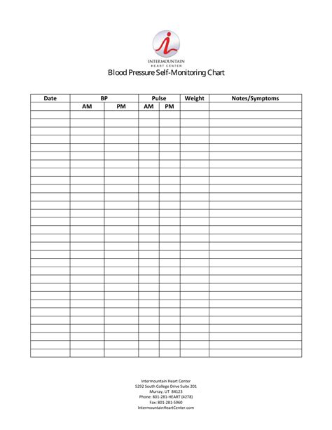 Blood Pressure Self-monitoring Chart Template - Intermountain Heart ...