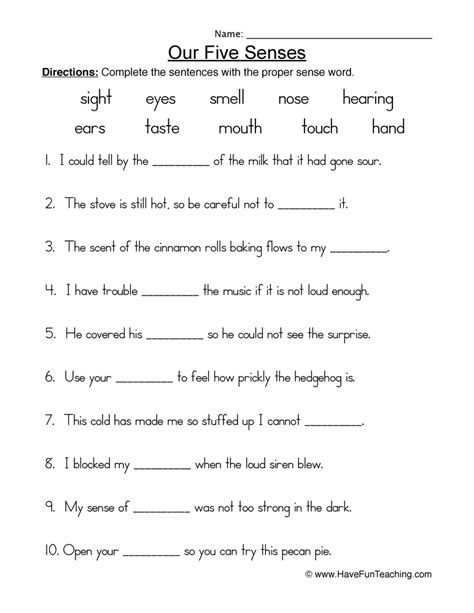 Senses Fill in the Blanks Worksheet | Have Fun Teaching