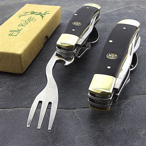 7.25" ELK RIDGE WOOD HOBO FOLDING KNIFE w/ FORK & SPOON Utensil Tool ...