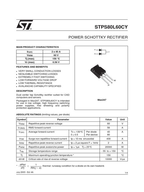 Datasheet Diode Power Schottky Rectifier STPS80L60CY PDF | PDF | Diode ...