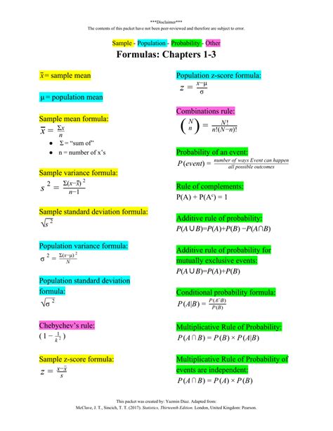 Statistics Formulas Cheat Sheet Download Printable PDF | Templateroller