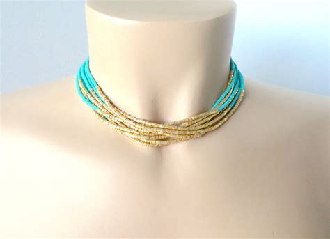 Turquoise choker necklace chunky turquoise and gold seed | Etsy