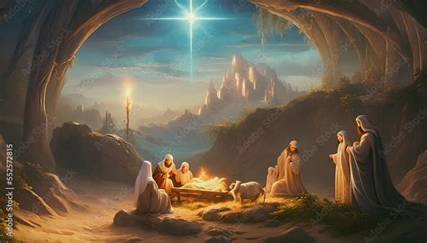 Christmas nativity scene of born child baby Jesus Christ in the manger ...