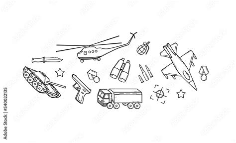 Military doodle icons. Vector illustration of a set of military ...