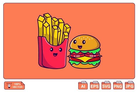 Cute Burger And French Fries Cartoon