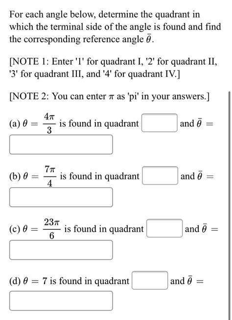 Solved For each angle below, determine the quadrant in which | Chegg.com