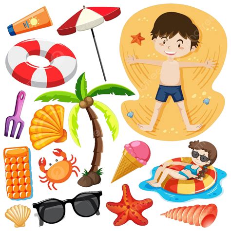 Summer Beach Characters In Cartoon Style Set Against A White Background ...