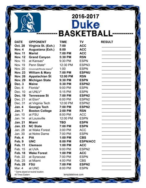 Printable 2016-2017 Duke Blue Devils Basketball Schedule