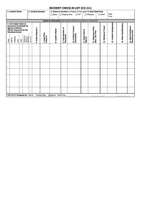 Fillable Ics Form 211 - Incident Check-In List printable pdf download