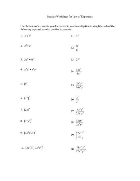 Practice Worksheet for Law of Exponents Use the laws of ... - wveis