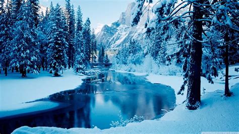 Blue winter landscape, forest, stream winter, water, pine, snow ...