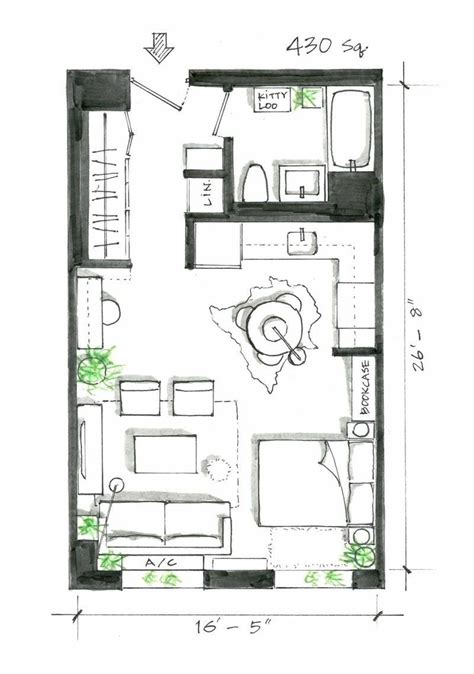 One Room Apartment Layout