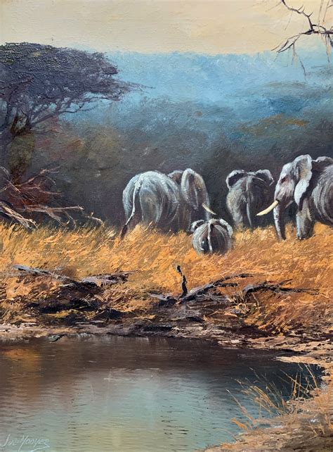 Rare Original 20th Century Vintage Wildlife Elephant Herd Oil Painting ...