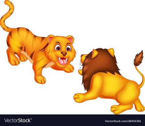 Funny lion and tiger cartoon Royalty Free Vector Image