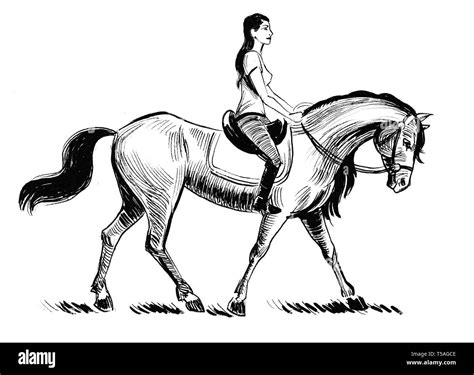 Pretty girl riding a horse. Ink black and white drawing Stock Photo - Alamy