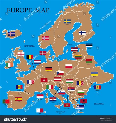 Europe Map Europe Countries Flags Names Arkivvektor (royaltyfri ...