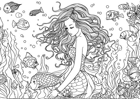 Dreamy mermaid and pretty fish - Mermaid Coloring Pages for adults