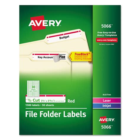 Avery® Permanent File Folder Labels, TrueBlock, Inkjet/Laser, Red, 1500 ...