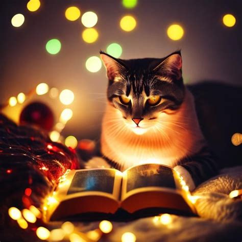 cat, book, christmas lights, evening, blanket