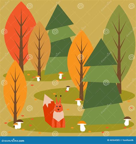 Funny Bright Colored Cartoon Autumn Forest with Animals Stock Vector ...