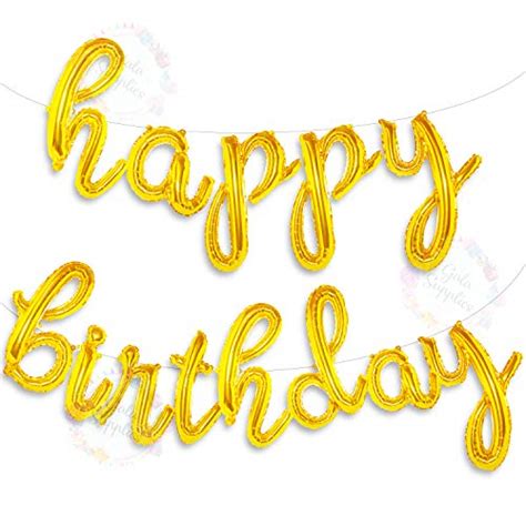 Gold Happy Birthday Balloons Banner | Script/Cursive Gold Letter ...