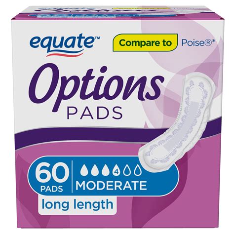 Equate Options Incontinence Pads for Women, Moderate, Long, 60 Count ...