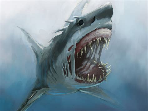 Wallpaper : drawing, illustration, sea monsters, Great White Shark ...