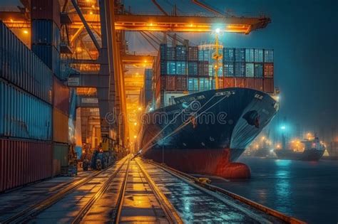 A Container Ship Loading with Containers at Night. Stock Photo - Image ...