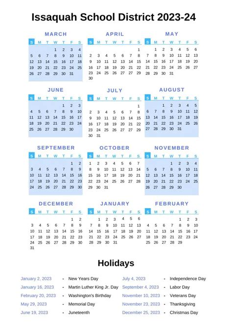 Issaquah School District Calendar with Holidays 2022-2023