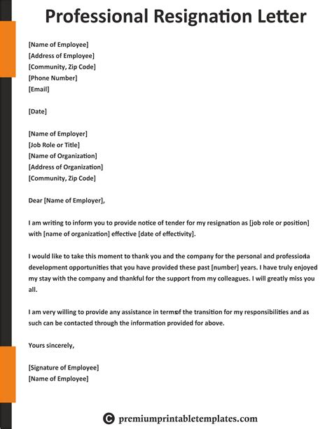 Free Printable Letter Of Resignation Template