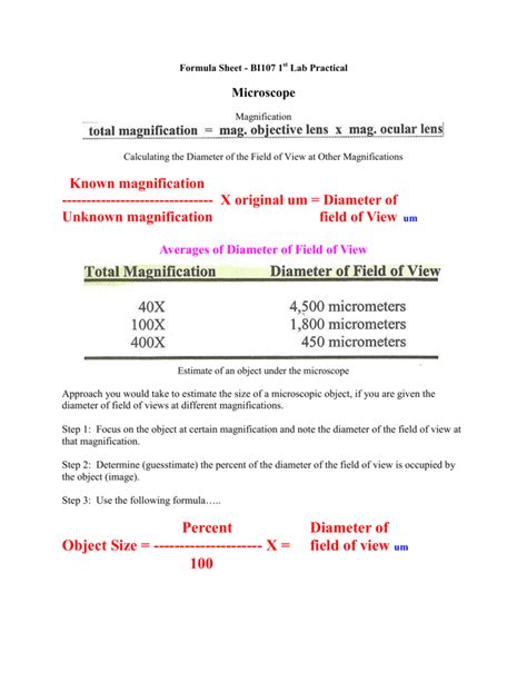 Calculating Field Of View Microscope Worksheet