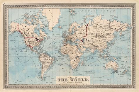 23"x34.5" Map 1876 The World on Mercator's Projection History Wall ...