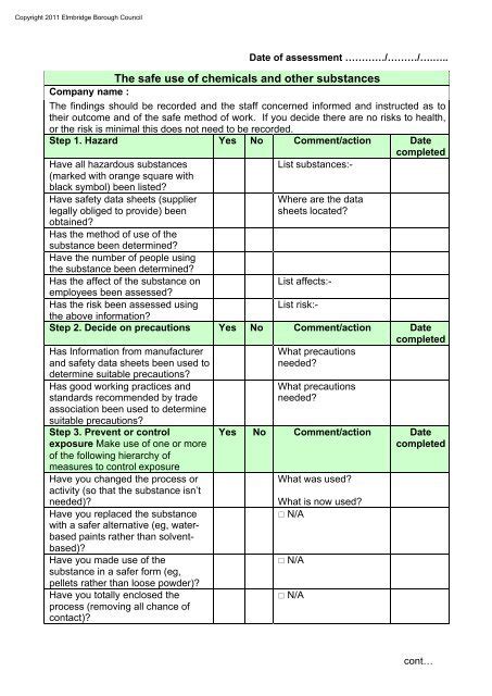 Risk Assessment Checklist - Safe Use of Chemicals - Elmbridge ...