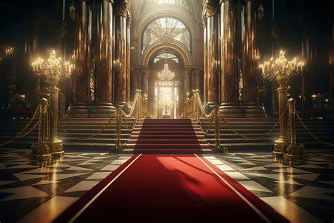 Interior of royal palace with red carpet and golden stairs. 3D ...