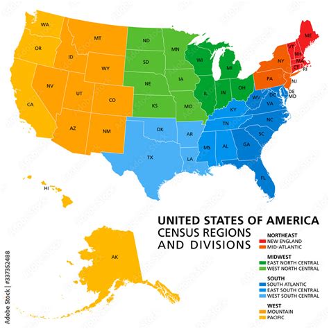 United States, Census regions and divisions, political map. Region ...