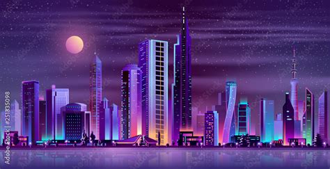 Metropolis night skyline with illuminated skyscrapers, cottage houses ...