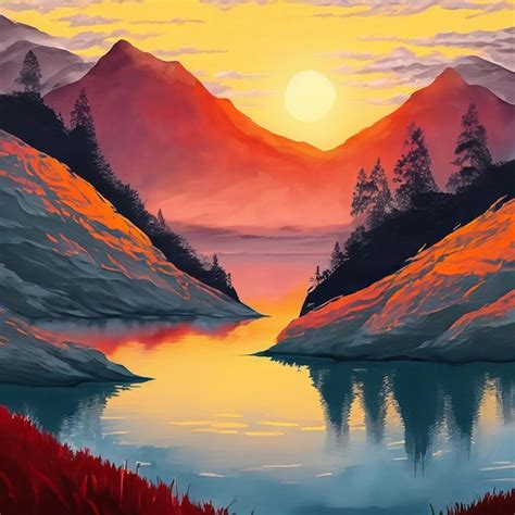 Premium AI Image | a painting of a sunset over a lake with a mountain ...