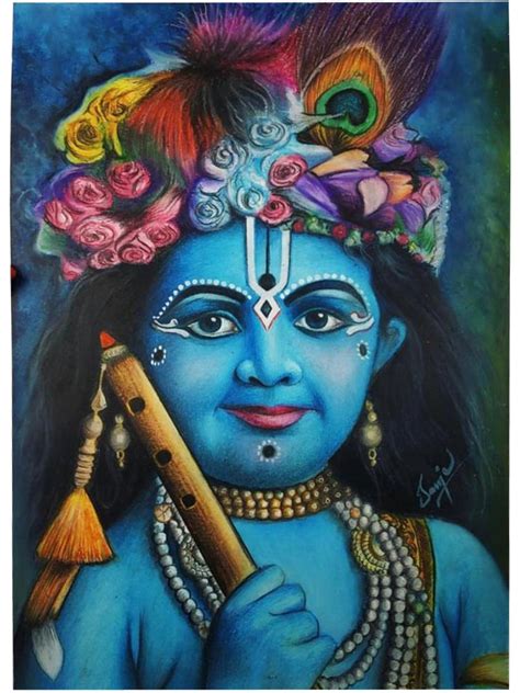 Cute Krishna | Oil Pastel Color | Painting by Sanju Basu | Exotic India Art