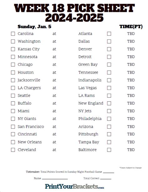 Pacific Time Week 18 NFL Schedule 2024 - Printable