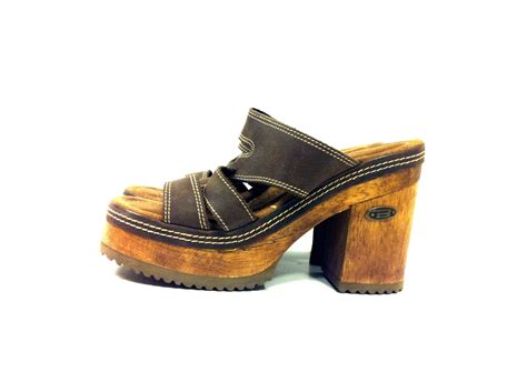 Leather Platform Clogs 8.5 Wooden Heel Sandals 8.5