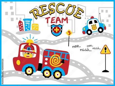 rescue team cartoon vector with funny firefighter Stock Vector | Adobe ...