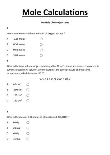 Mole Practice Calculations Worksheet Work