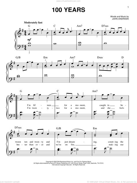 Fighting - 100 Years, (easy) sheet music for piano solo [PDF]