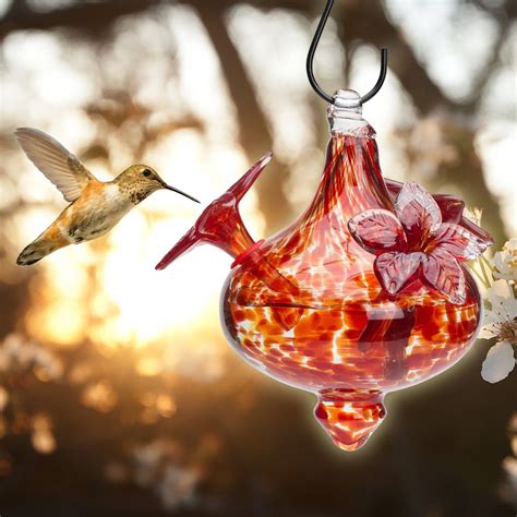 Blown Glass Hummingbird Feeder - Red Bouquet Cap with Red Flowers ...