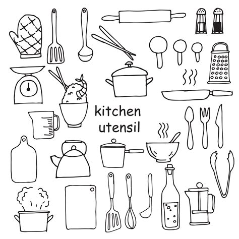 vector drawing in the style of doodle. set of kitchen utensils elements ...