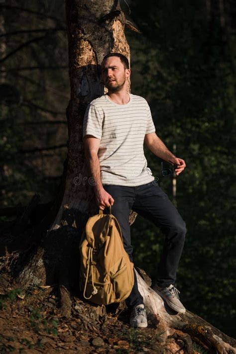 Hiking Man Portrait with Backpack Walking in Nature. Caucasian Man ...