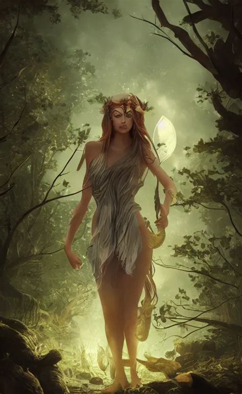 Greek Goddess Artemis in moonlit forest with animals, | Stable Diffusion