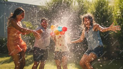 Premium AI Image | A playful image of friends having a water balloon ...