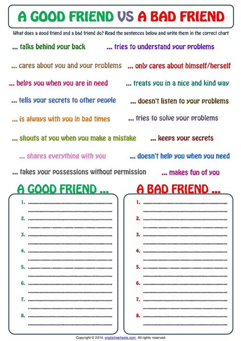 Good friend and bad friend categorizing exercise worksheet | Social ...