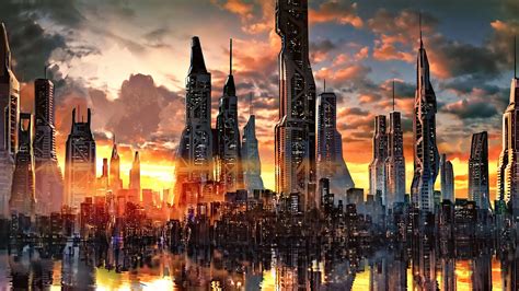 Futuristic City at dusk 4K | Futuristic city, Cityscape wallpaper, City ...